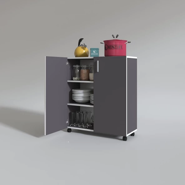 Kenzlife 2 kapılı dolap rabia 088*070*032 gri kapaklı tekerlekli banyo mutfak ofis kitaplık ayakkabılık kiler - Resim 2