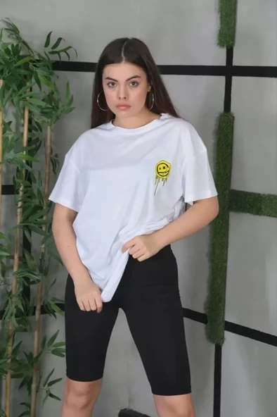 Unisex Bisiklet Yaka Baskılı Oversize T-Shirt - Beyaz