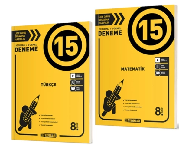 HIZ YAYINLARI 8. SINIF Türkçe - Matematik 15'li Deneme ( 2 Kitap )