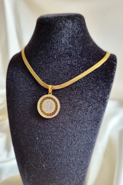 Zirkon Taşlı Madalyon Model Şık Çelik Kolye - 3