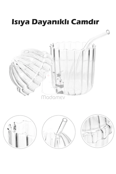 Kubbe Şekilli Oval Cam Kapaklı Isıya Dayanıklı Pinterest Çizgili Bardak Kahve Sunum Bardağı 430ml - Resim 3