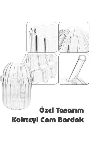 Kubbe Şekilli Oval Cam Kapaklı Isıya Dayanıklı Pinterest Çizgili Bardak Kahve Sunum Bardağı 430ml - Resim 2