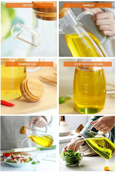 2'li Bambu Kapaklı Yağdanlık 1000 ml Borosilikat Cam Yağlık Sirkelik Şişesi Master Vakumlu Sosluk - 3