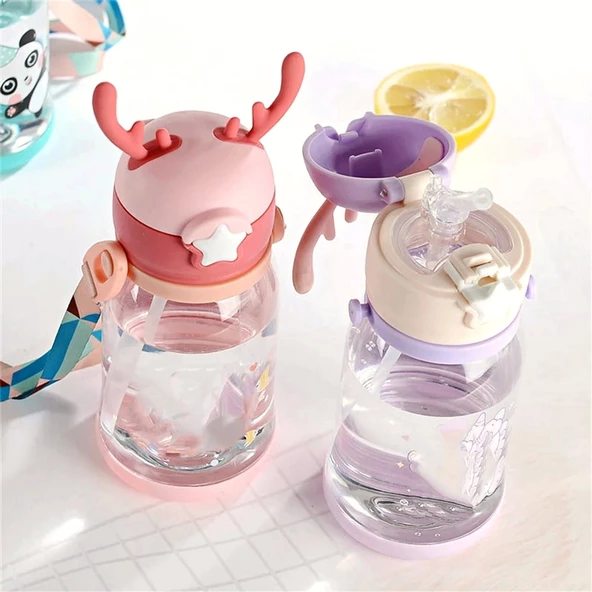 2 Adet Su Matara Geyik Kulaklı Figürlü Omuz Askılı Pipetli Çocuk Suluk Su Şişesi 600 ml - 3