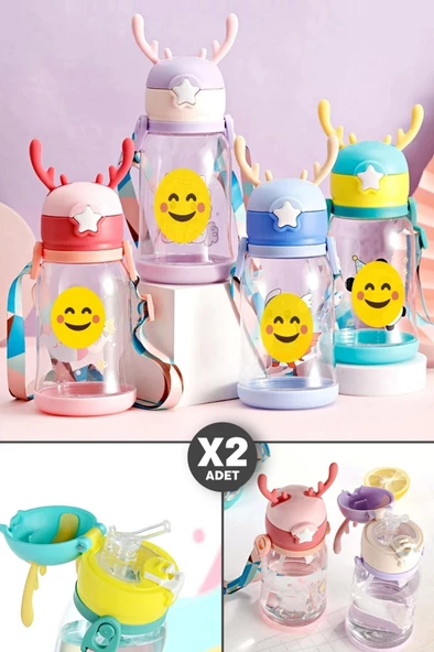 2 Adet Su Matara Geyik Kulaklı Figürlü Omuz Askılı Pipetli Çocuk Suluk Su Şişesi 600 ml