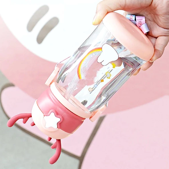 2 Adet Su Matara Geyik Kulaklı Figürlü Omuz Askılı Pipetli Çocuk Suluk Su Şişesi 600 ml - 4