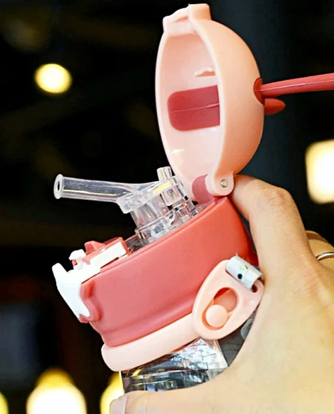 2 Adet Su Matara Geyik Kulaklı Figürlü Omuz Askılı Pipetli Çocuk Suluk Su Şişesi 600 ml - 5