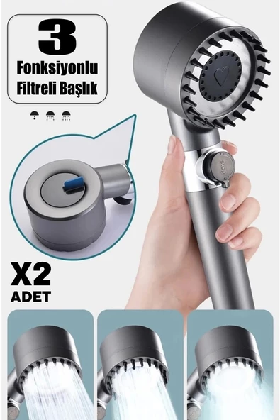 2 Adet 3 Fonksiyonlu Banyo Duş Başlığı Filtreli Kireç Önleyici Turbo Yüksek Basınçlı Duş Başlığı
