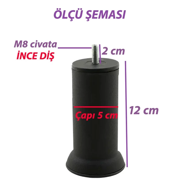 4 Adet Metal Destek Ayağı 12 Cm Siyah Mobilya Kanepe Baza Koltuk Ayakları Metrik 8 Civatalı İnce Diş - Resim 3