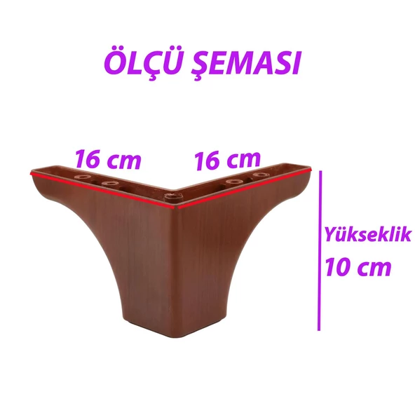 Açelya 6'Lı Set 10 cm Ceviz Mobilya Ünite Çekyat Koltuk Kanepe Ayağı 9.5 x 14.5 cm Ayarlı M8 Destek Baza Ayak - 2