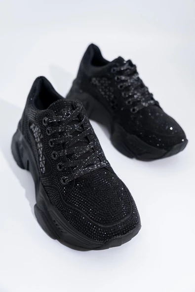 Siyah Taşlı Sneaker Kadın Spor Ayakkabı - Dofi - 4