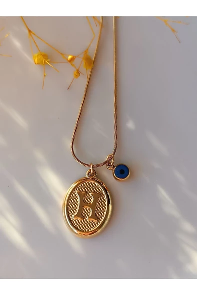 paslanmaz çelik şık ve tarz altın görünümlü nazar boncuklu H harfli kolye