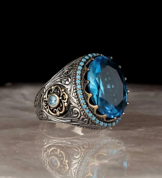 Mavi Topaz Taşlı Gümüş Erkek Yüzük ürün görseli 1