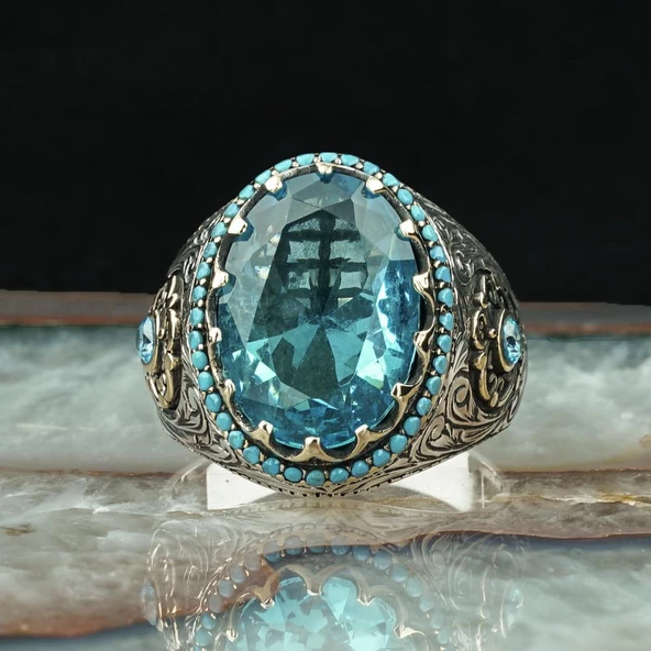 Mavi Topaz Taşlı Gümüş Erkek Yüzük - Resim 4