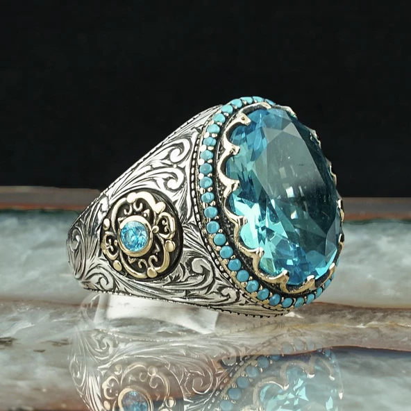 Mavi Topaz Taşlı Gümüş Erkek Yüzük - Resim 5