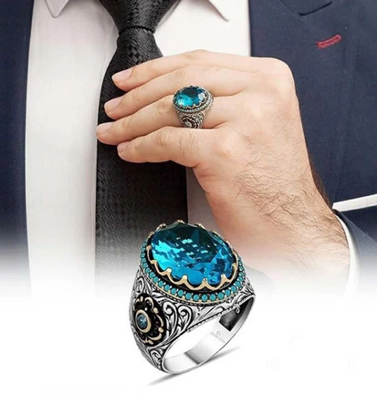 Mavi Topaz Taşlı Gümüş Erkek Yüzük - Resim 2