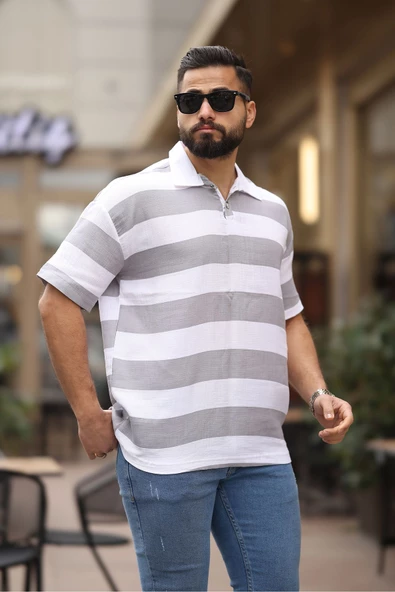 ERKEK POLO YAKA ÇİZGİLİ OVERSIZE T-SHIRT - 8