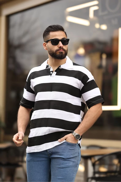 ERKEK POLO YAKA ÇİZGİLİ OVERSIZE T-SHIRT - 5