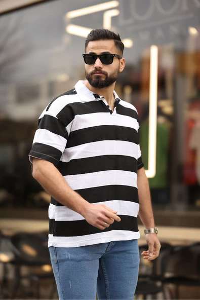 ERKEK POLO YAKA ÇİZGİLİ OVERSIZE T-SHIRT - 4
