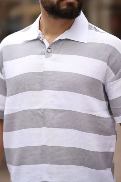 ERKEK POLO YAKA ÇİZGİLİ OVERSIZE T-SHIRT - 9