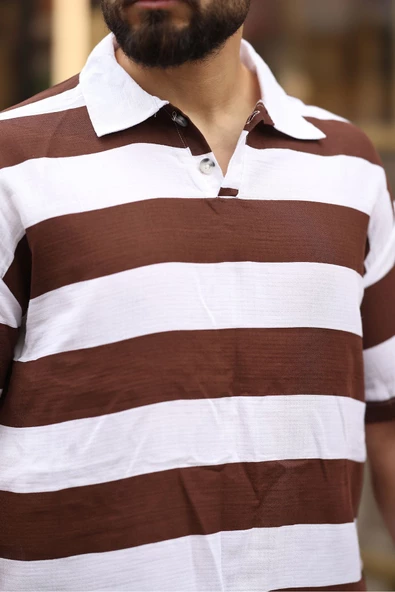 ERKEK POLO YAKA ÇİZGİLİ OVERSIZE T-SHIRT - 3