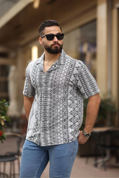 ERKEK OVERSIZE KISA KOLLU DESENLİ GÖMLEK - 2