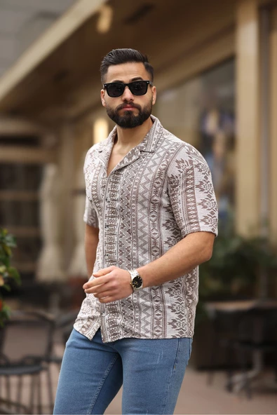 ERKEK OVERSIZE KISA KOLLU DESENLİ GÖMLEK - 4