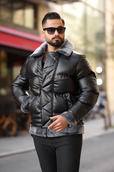Erkek Siyah Şişme Deri Mont 7010 - 8