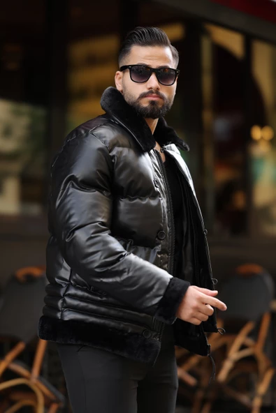 Erkek Siyah Şişme Deri Mont 7010 - 2