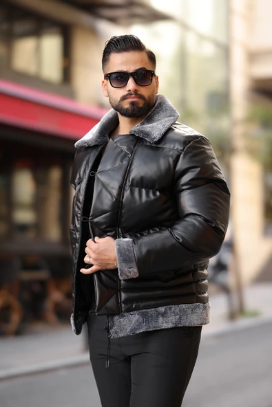 Erkek Siyah Şişme Deri Mont 7010 - 7