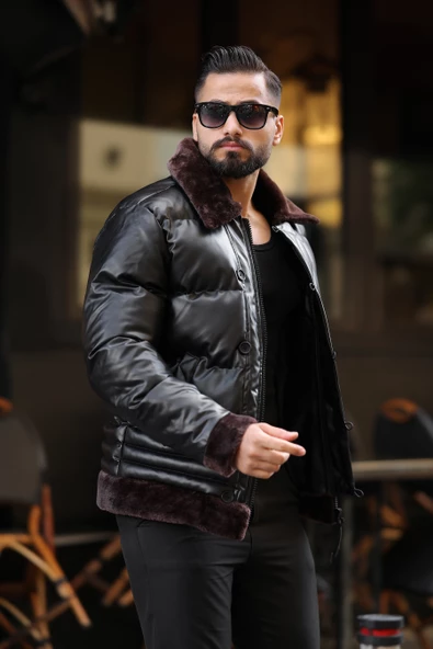 Erkek Siyah Şişme Deri Mont 7010 - 10