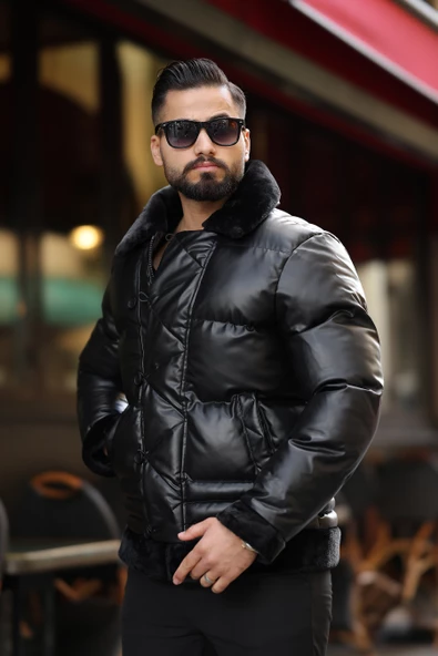 Erkek Siyah Şişme Deri Mont 7010 - 4