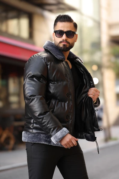 Erkek Siyah Şişme Deri Mont 7010 - 6