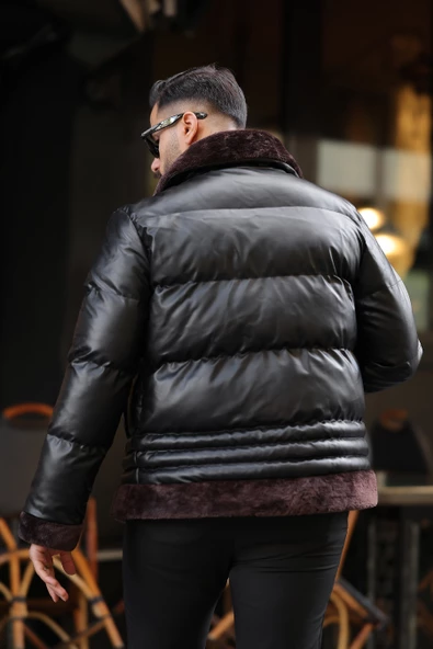 Erkek Siyah Şişme Deri Mont 7010 - 12