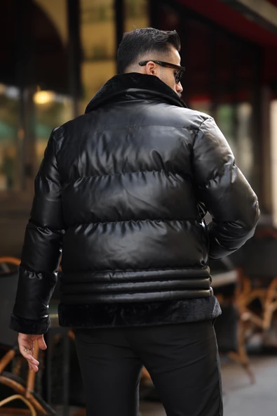 Erkek Siyah Şişme Deri Mont 7010 - 5