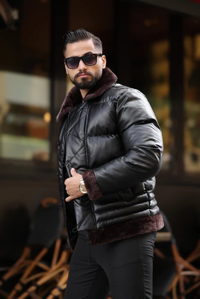 Erkek Siyah Şişme Deri Mont 7010 - 11