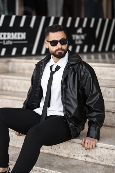 ERKEK BAHARLIK OVERSIZE YAKALI DERİ CEKET - 12
