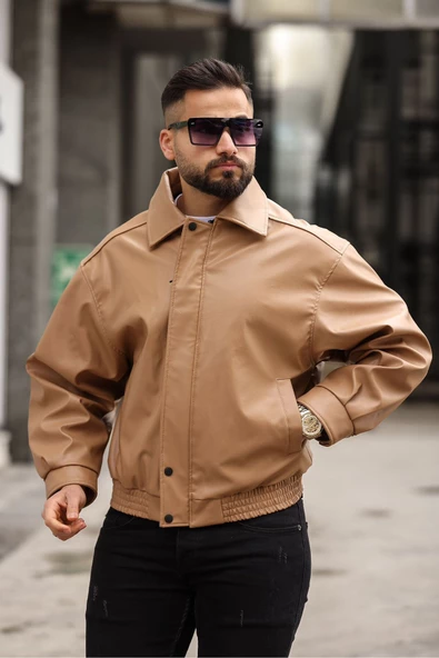 ERKEK BAHARLIK OVERSIZE YAKALI DERİ CEKET - 7