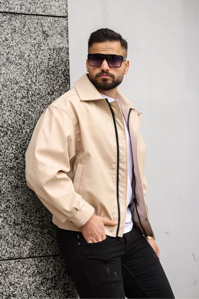 ERKEK BAHARLIK OVERSIZE YAKALI DERİ CEKET - 2