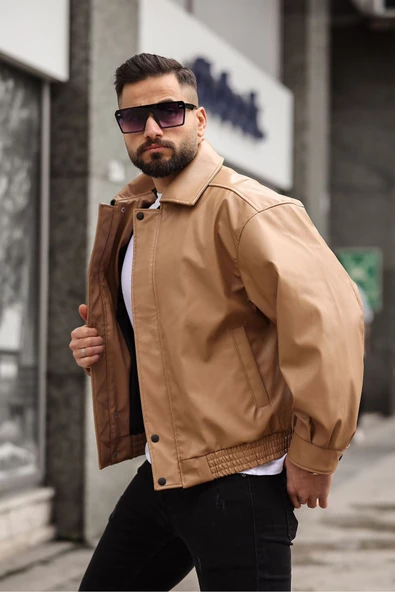 ERKEK BAHARLIK OVERSIZE YAKALI DERİ CEKET - 5