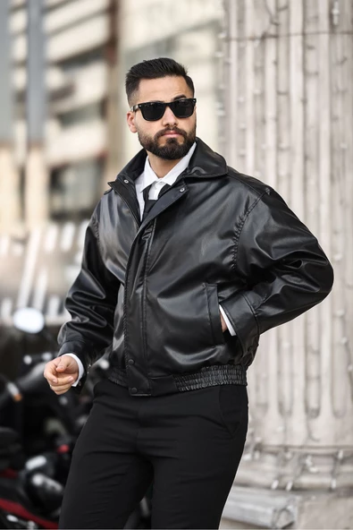 ERKEK BAHARLIK OVERSIZE YAKALI DERİ CEKET - 11