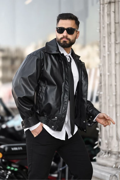 ERKEK BAHARLIK OVERSIZE YAKALI DERİ CEKET - 10
