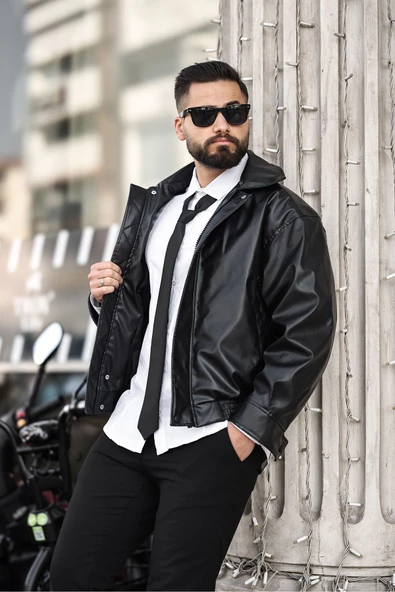 ERKEK BAHARLIK OVERSIZE YAKALI DERİ CEKET - 9
