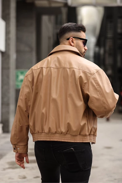 ERKEK BAHARLIK OVERSIZE YAKALI DERİ CEKET - 8