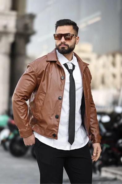 ERKEK DÜĞMELİ BAHARLIK DERİ CEKET - 3