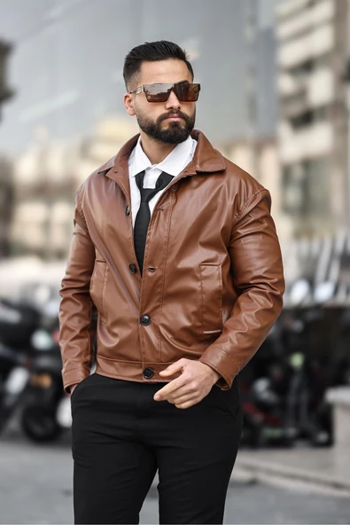 ERKEK DÜĞMELİ BAHARLIK DERİ CEKET - 5