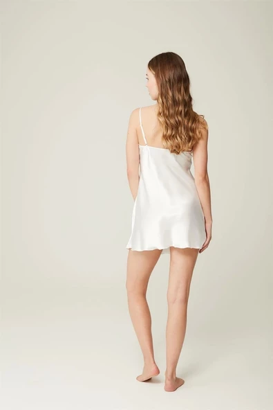 Saten Kısa Gecelik Dantel Yaka Sophia Ekru - Resim 3