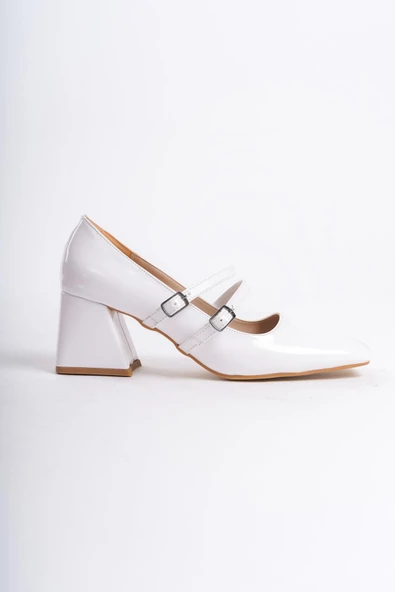Culia Beyaz Rugan Mary Jane Çift Bant Küt Burun Topuklu Ayakkabı - Resim 4