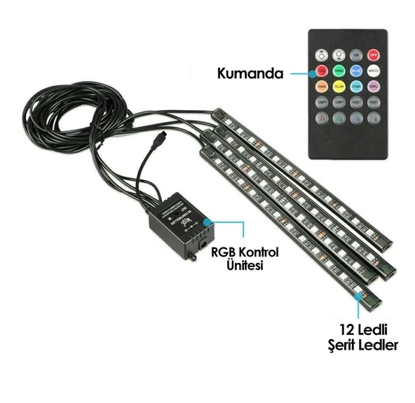 24 VOLT ARAÇ İÇİ AYAK ALTI SESE VE MÜZİĞE DUYARLI KUMANDALI RGB LED AYDINLATMA - Resim 2