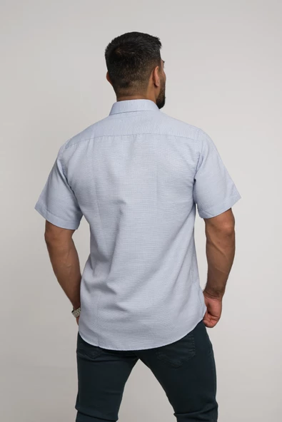 Geniş Ve Rahat (Bol) Kesim Cepli Armürlü Klasik Kısa Kol Erkek Gömlek - Resim 9